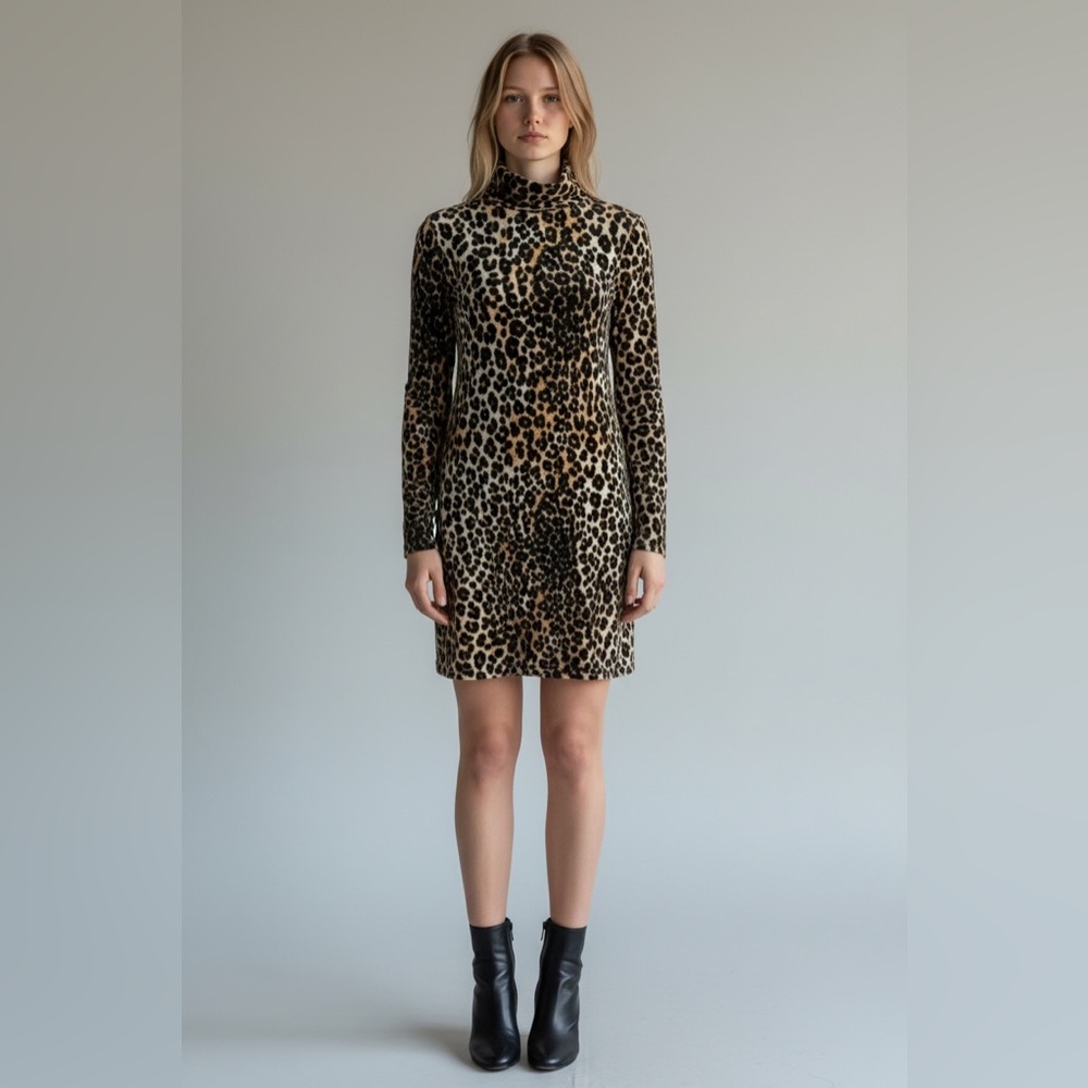 Vero‎ Moda Leopard Print Dress Turtleneck Long Sleeve Casual Mini Size Small